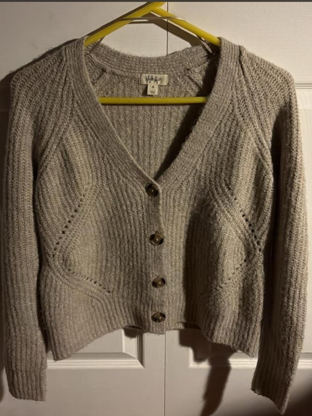 Style & Co. Taupe Ribbed V-Neck Button Cardigan Sweater